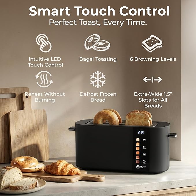 Balter Toaster 4 Slice Wide Slot, Bagel Function, Long Slot, Stainless Steel, Touch Screen, Built-in Rack, Extra-Wide 1.5" Slots for Thick Breads & Bagel, Timer, BPA-Free, Removable Tray, Black