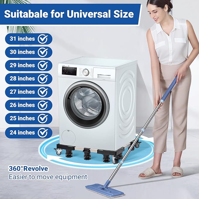 Nefish Upgraded 24-31 Inch Full-size Washing Machine Stand Base with 4 Wheels and 10 Feet Washer and Dryer Dolly Mini Fridge Stands Refrigerator Pedestal for Home Appliance