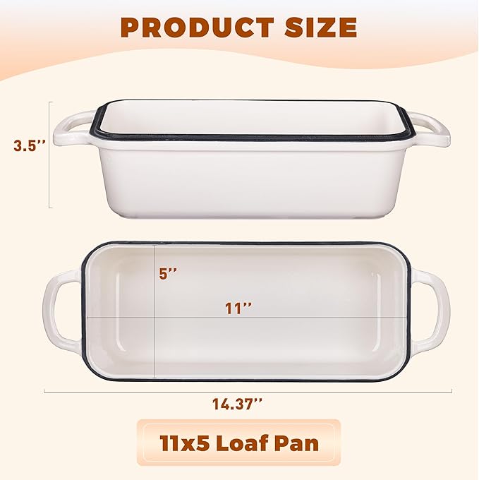 Articasting 11x5 Inch Cast Iron Bread Loaf Pan With Lid, 5.8 Qt Large Loaf Pan for Sourdough Bread Baking, Heavy Duty Dutch Oven Bread Pan For a Crispy Crust (Cream White)