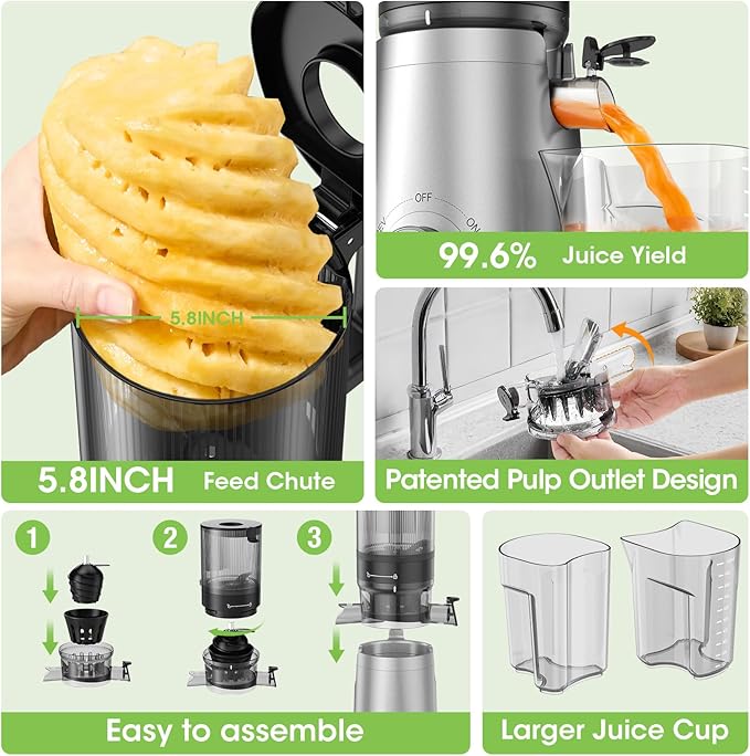 SMALLHOO Juicer Machines, 5.8" Wide Feed Chute Cold Press Juicer for Whole Vegetables & Fruits, High Juice Yield, BPA Free (Slivery)