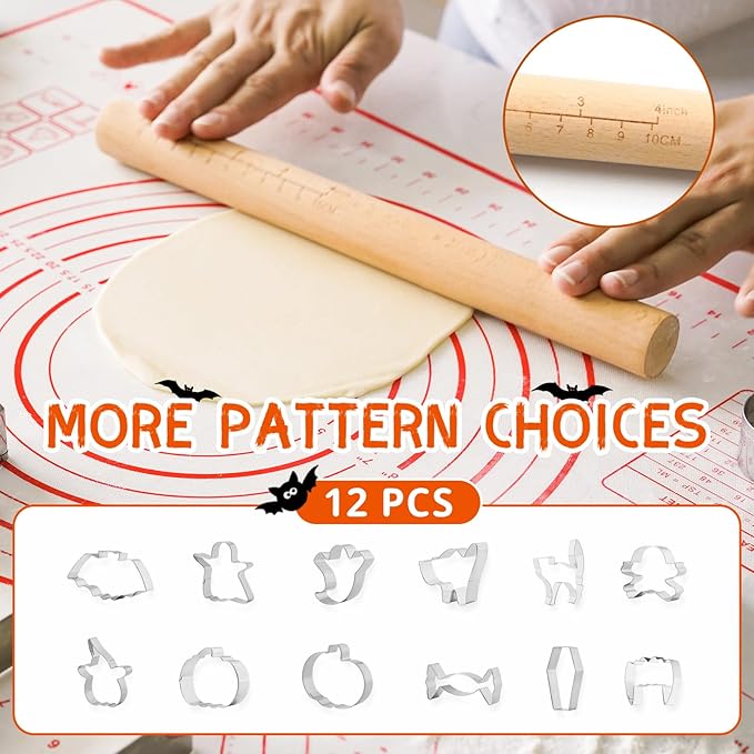 Cookie Cutters Set, 18-Piece Nonstick Baking Pans Set, Complete Cake Baking Set with Baking Pan Baking Mat Rolling Pin Spatula Clamp (Halloween)
