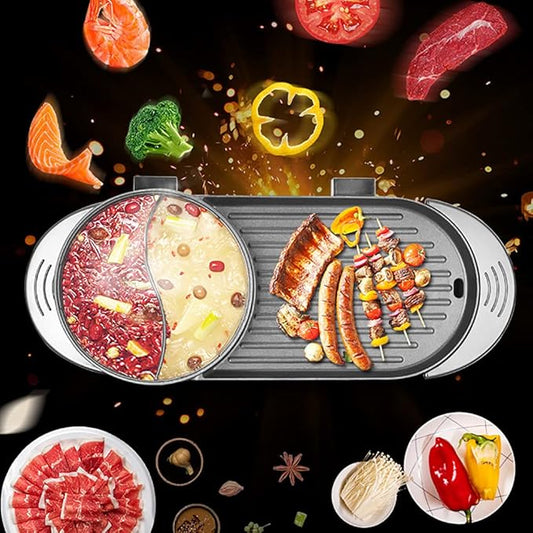 Electric 2 In 1 Hot Pot Barbecue Grill, GDAE10 Non-stick Teppanyaki Pan Soup Multifunctional Anti-dry Korean 3.6L Capacity Double Cooker (1500W x 2) Hotpot Home Kitchen Restaurant Indoor Outdoor