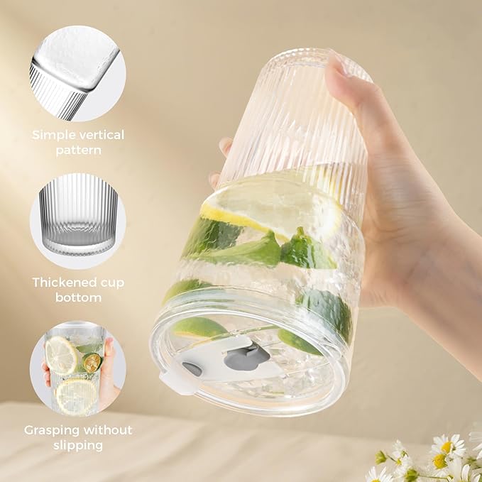 4PCS 20oz Glass Cups with Lids and Straws, Iced Coffee Cups with Lids, Stylish Ribbed Thick Drinking Glasses Tumbler for Juice, Smoothies, Cold Beverages, Cute Cup Gifts with Clean Brush