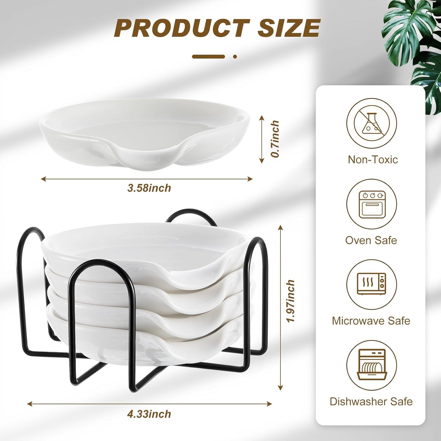 Bokon 8 Pack Ceramic Spoon Rest with Metal Holders Spoon Holder for Stove Top Utensil Rest Household Dipping Sauce Dishes for Kitchen Ladle Tong Fork Housewarming Gifts (White)