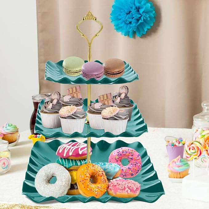 Dessert Cupcake Stand, 3 Tier Cup Cake Holder Tower for Tea Party/Birthday/Wedding, Plastic Tiered Serving Tray with Metal Rod (Green)