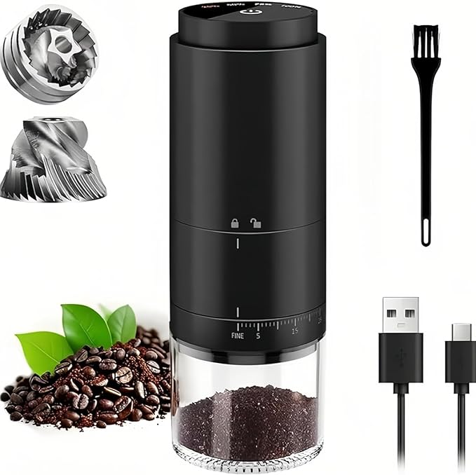 OUUTIIOL Portable Electric Coffee Grinder Rechargeable,Office 38 Adjustable Grinding Settings， LED Battery Indicator Shows Remaining Battery, Suitable for Travel, Camping, Office