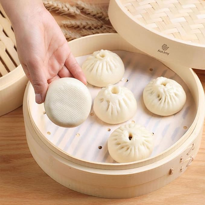 100 PCS Bamboo Steamer Liner, 8 Inch Round Air Fryer Parchment Paper with Holes, White Non-Stick Steamer Paper Sheet