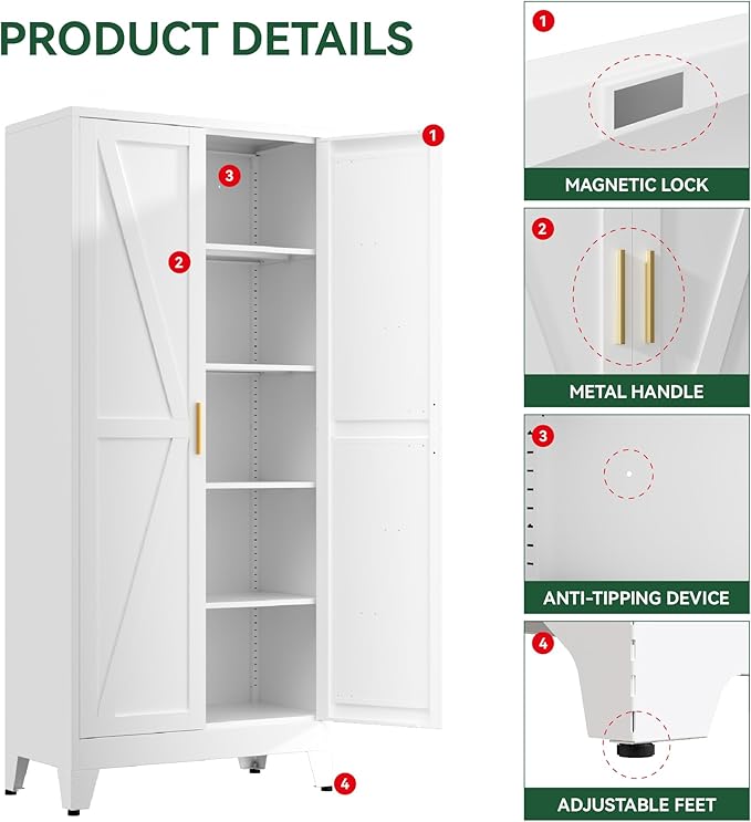Kitchen Pantry Cabinet,71" H x 31.5" W,Metal Farmhouse Storage Cabinet with Adjustable Shelves and Barn Doors,5-Tier Storage Cabinet for Kitchen Dining Room Garage,White