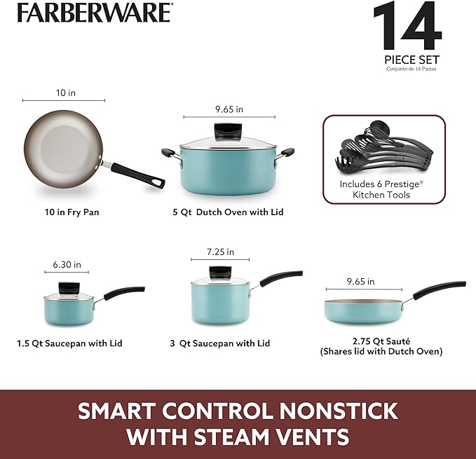 Farberware Smart Control Nonstick Cookware Pots and Pans Set, 14 Piece, Aqua
