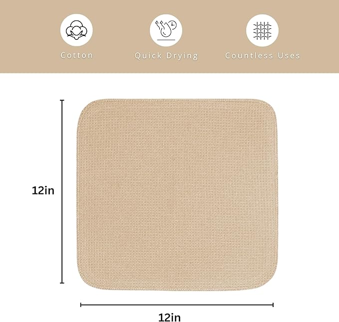 PurpleEssences Dish Cloths and Dish Rags - 8 Pack Waffle Weave Solid Kitchen Dish Wash Cloths, 100% Cotton, 12 x 12 Inches, Ultra Soft Absorbent Quick Drying - Christmas Holiday Winter - Beige