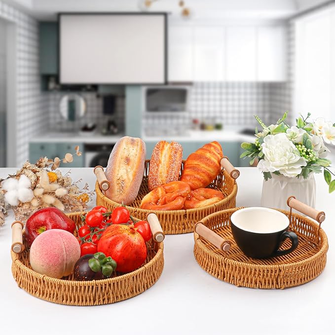 3 Pack 10.8/9.7/8.9 inch Round Rattan Tray, Round Woven Serving Basket with Handles, Storage Rattan Serving Trays for Home, Restaurant & Hotel Use, Durable & Easy-Cleaning