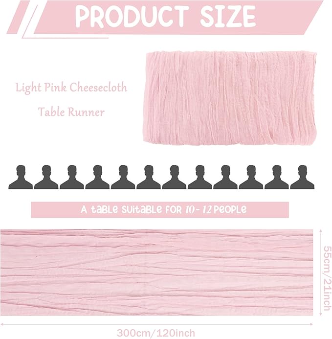 10 Pack Light Pink Cheesecloth Table Runner 10FT Boho Gauze Fabric Table Runner Vintage Rustic Sheer Runners for Wedding Party Bridal Baby Shower Long Table Decorations