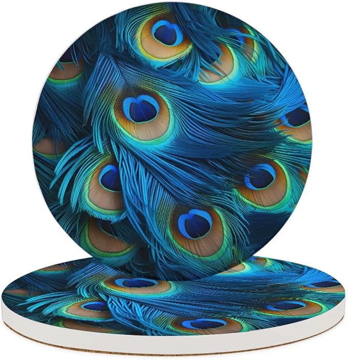 Round Coasters Set of 2, Blue Peacock Feathers Absorbent Ceramic Coaster with Cork Base, Bar Coasters for Drinks Coffee Mugs Tea Cups Wine Glasses Home Decor Gifts (4 inches)