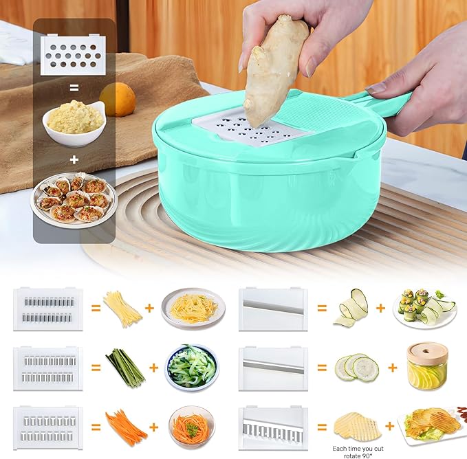 Mandoline Food Slicer, Multifunctional Vegetable Slicer Cutter with Hand Protector, Vegetable Shredder for Potato, Tomato, Carrot (Green-7 in 1)