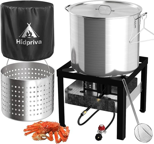 Hidpriva 50QT Crawfish Boiler Kit, Waterproof Cover & 12-inch Skimmer, 110,000BTU Propane Burner Stove, 0-20PSIG Regulator, Aluminum Seafood Boil Pot, Crab Boil Pot with Basket