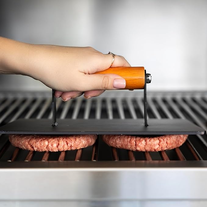 Outset XL Grill Press, Iron Smash Burger Press with Wood Handle, 8" x 10"