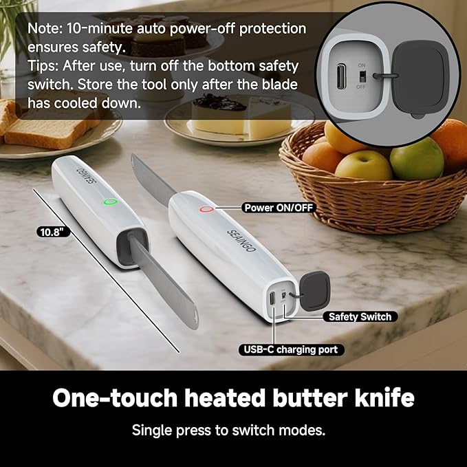 SEAINGO Heating Butter Knife Spreader - Rechargeable, Electric, Cordless, Heats up in 6 Seconds, Nonstick Stainless Steel Blade, ON/OFF Safety Lock Switch, 2 Warming Mode Can Quickly Melt Cold Hard Butter, Coconut Oil, Cheese, Cream, Jam, Mustard, for ...