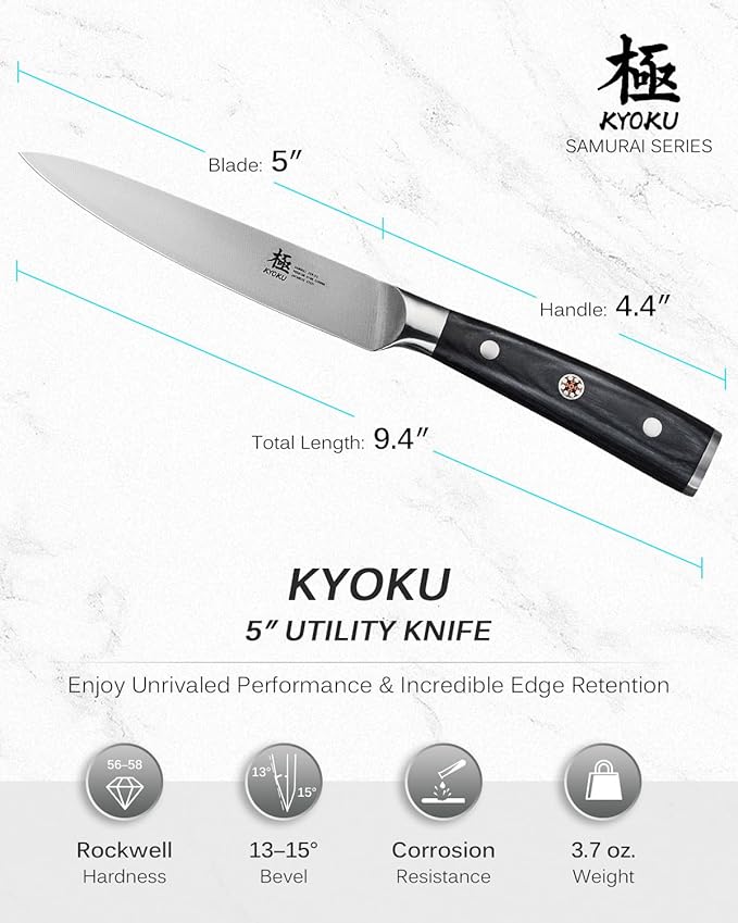 KYOKU 5" Kitchen Utility Knife, Samurai Series Chef Knife with Pakkawood Handle & Mosaic Pin, Japanese Style High Carbon Steel Knife, Full Tang Kitchen Knife for Vegetable Fruit with Sheath and Case