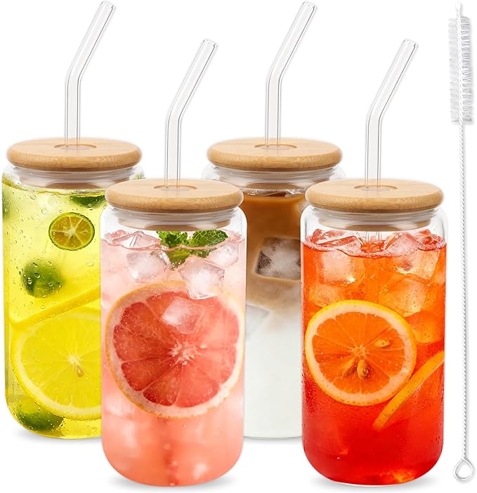 Alotpower Borosilicate Glass Cups with Lids and Straws, 16 oz Reusable Tumbler Set (4-Pack) Includes Bamboo Lids, Glass Straws & Brush for Iced Coffee, Bubble Tea, Cold Beer, Juice