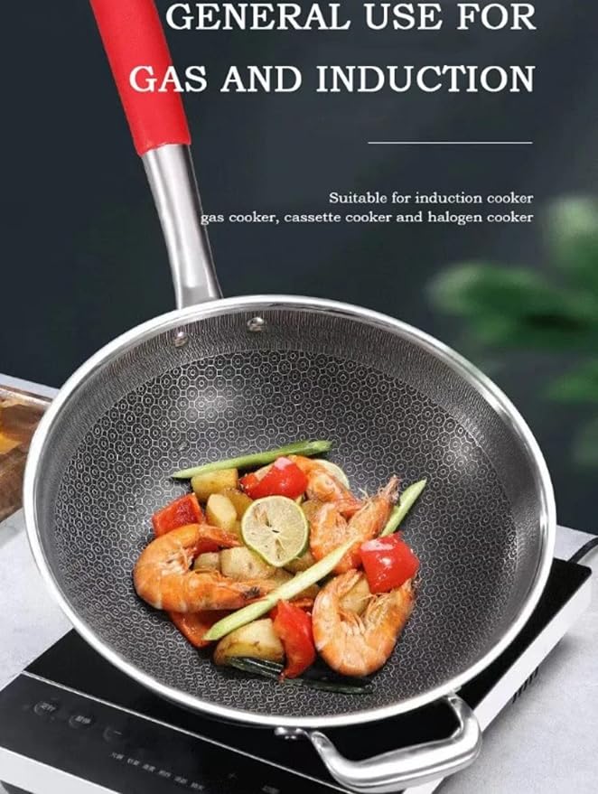 Moksha LifeStyle Honeycomb Wok 12 inch Pan with Lid, nonstick stir fry with silicone handles, Hybrid stainless steel cooking frying pan, dishwasher safe.