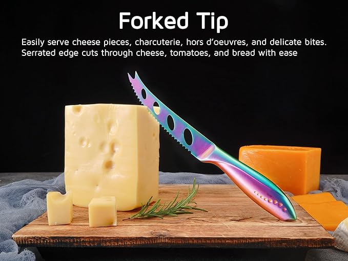 WELLSTAR Cheese Knife, Serrated Tomato Knife 5 Inch Sharp High Carbon Stainless Steel Blade for Cutting All Cheese Types - Rainbow