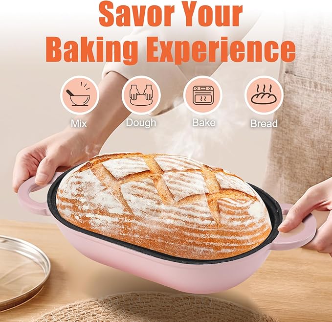 NSIRONS Enameled Cast Iron Sourdough Bread Oven, 5QT Loaf Cast Iron Bread Pan with Lid, Oval Dutch Oven for Homemade Bread Baking (Gradient Pink)