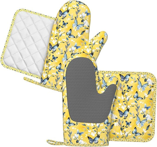 Oven Mitts and Pot Holders Watercolor Pastel Butterfly Flower Silicone Kitchen Accessories Set of 4 Heat Resistant Long Gloves Potholder Non-Slip Grip for Chef Cooking Baking Grilling BBQ
