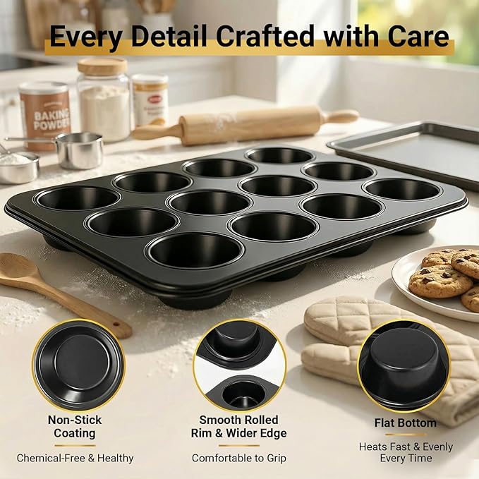 Flajepetals 6-Piece Set Muffin Tin,Nonstick Cupcake Pan Set,Carbon Steel 12 Cupcake Tray,Cupcake Pans for Baking, Cup Cake Pans for Baking
