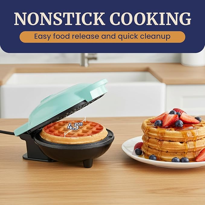 Elite Gourmet EWM015M# Electric Nonstick 4.5-inch Mini Waffle Maker, Belgian Waffles, Compact Design, Hash Browns, Keto, Snacks, Sandwich, Eggs, Easy to Clean, Mint