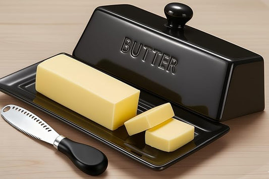 WERTIOO Butter Dish with Lid, Ceramic Butter Dish with Lid for Countertop for 1 Stick. Textured Tray with Stainless Steel 3 in 1 Butter Spreader, Microwave and Dishwasher Safe, Black