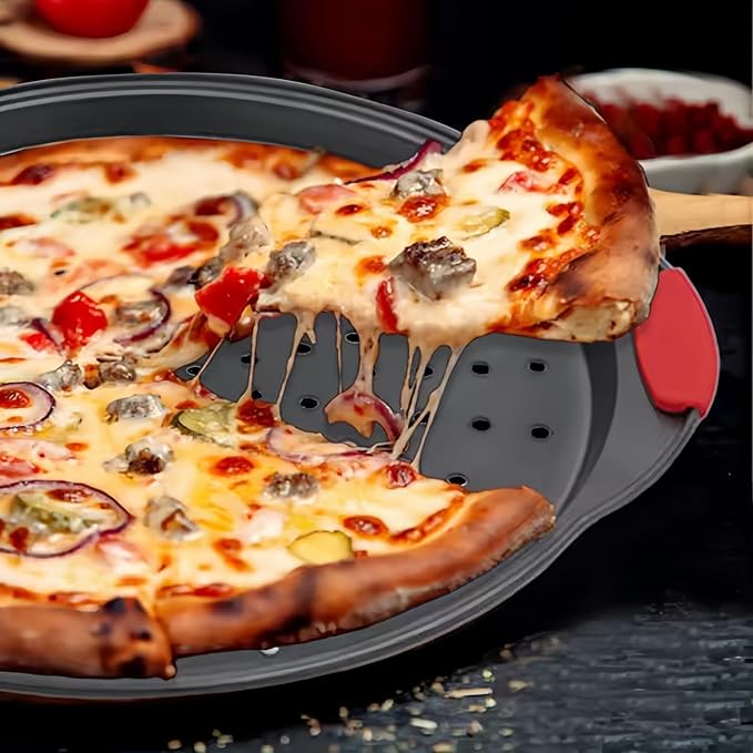 ZOEHROWS 13 Inch Pizza Pan for Oven, Round Pizza Pan with Holes - Non-Stick Carbon Steel Pizza Tray with Silicone Handles - for Cooking, Baking, and Grilling - Dishwasher Safe