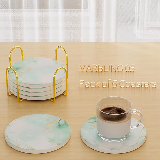6Pcs/Set Marble Abstract Ceramic Coasters with Holder, Absorbent Drink Coasters, Coffee Cup Coaster,Round Ceramic Table Coasters Set Decorative