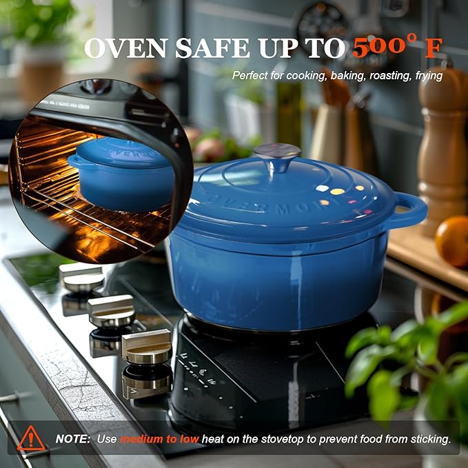 Overmont Enameled Cast Iron Dutch Oven - 5.5QT Pot with Lid Cookbook & Cotton Potholders - Heavy-Duty Cookware for Braising, Stews, Roasting, Bread Baking blue