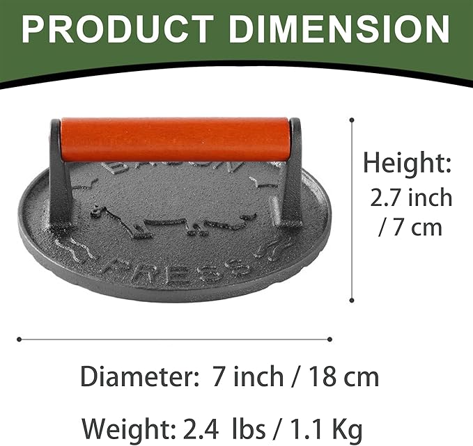 Bacon Press 2.5 lb Heavy Weight Cast Iron Burger Smasher Tool for Griddle,Grill,Skillet,Hamburger,Steak,Patty,BBQ,Sausage,Sandwich Maker,7.2 inch Round