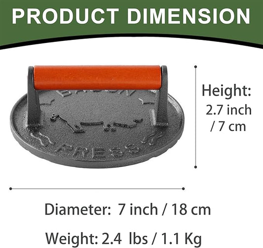 Bacon Press 2.5 lb Heavy Weight Cast Iron Burger Smasher Tool for Griddle,Grill,Skillet,Hamburger,Steak,Patty,BBQ,Sausage,Sandwich Maker,7.2 inch Round