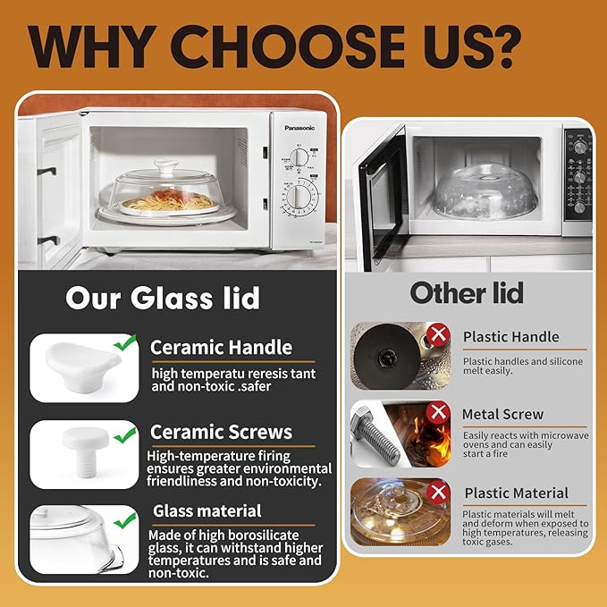 ACEPRUT New Upgrade Glass Microwave Splatter Cover for Food with Ceramic Handle & Screw, 100% Food Grade, Plastic-free, BPA Free, Dishwasher Safe