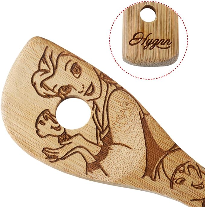 Beauty and the Beast Burned Wooden Spoons Cooking &Serving Utensils Set Bamboo Spoon Slotted Kitchen Utensil Fun Gift Idea Warming Present (Set of 5)