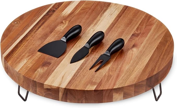 Twine Acacia Cheese Board and Knife Set, Footed Cheese Snack Tray and Cheese Knives Set Cooking Accessories, 16inch Diameter