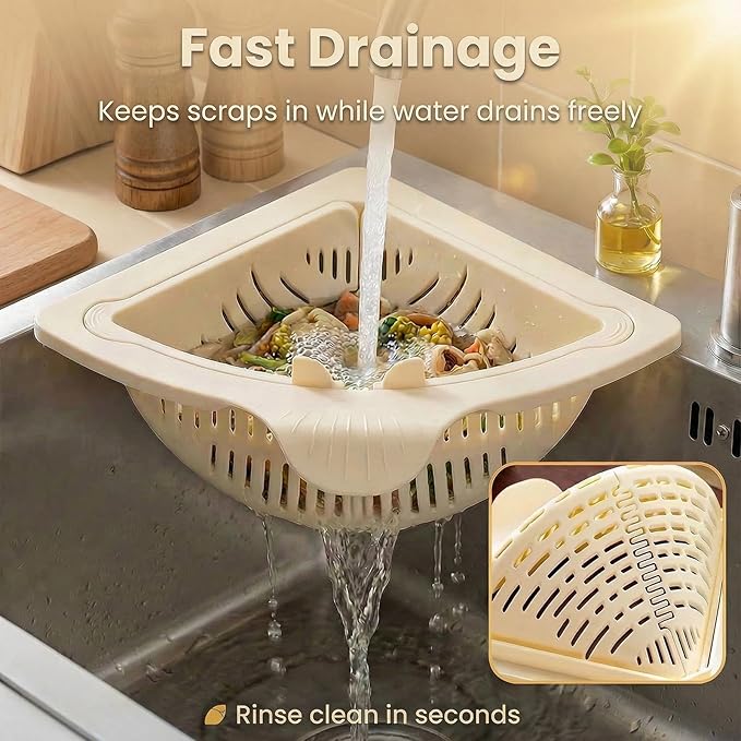 Magnetic Drainage & Filter Basket 2.0 Design, Corner Sink Strainer with Twist-Open Bottom, Triangular Drain Basket for Food Scraps & Rinsing Produce, Fits Metal Sinks (Green)