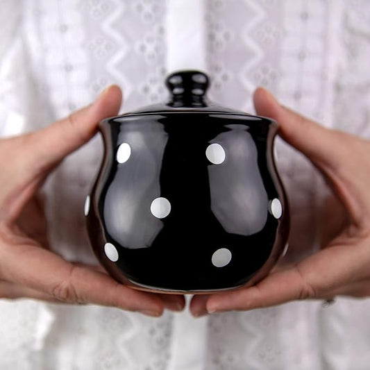 City to Cottage Ceramic Sugar Bowl with Lid, 10oz Sugar Contanier for Coffee Bar, Sugar Dispenser Bowl, Salt - Condiment Pot for Kitchen Counter, Handcrafted Black and White Polka Dot Sugar Jar