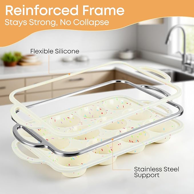 Spmarkt 2-Pack 12-Cup Silicone Cupcake Pan, Nonstick Flexible Muffin Pan, Dishwasher Safe Muffin Tray with Handles, Seamless Silicone Muffin Tin for Baking Egg Bites & Cupcakes