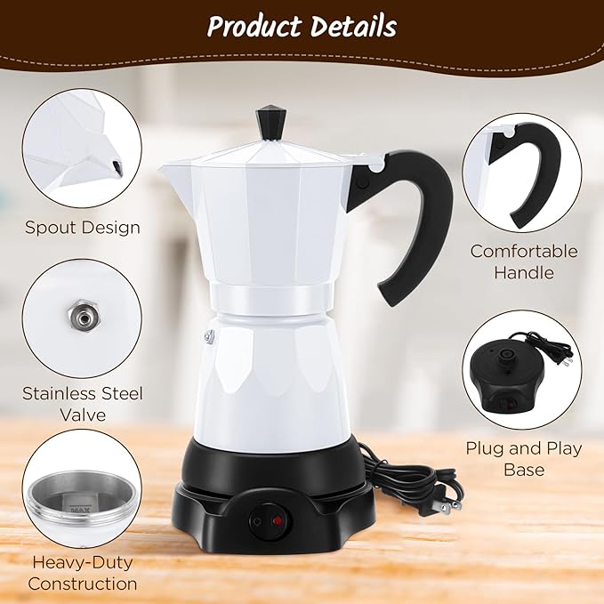 Lemosae Coffee Pot 6 Cup Electric Espresso Coffee Maker Italian Moka Maker 300ml Portable Aluminum Espresso Machine Cafetera Moka Pot with Detachable Base, Gift for Home Travel(White)