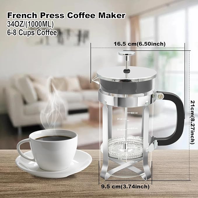 Nukeekee French Press Coffee Maker,34oz 304 Stainless Steel with 2 Filter, Heat Resistant Durable, Easy to Clean, Borosilicate Glass Press, BPA Free Glass TeaPot-34 Ounce 1 Liter (Chrome)