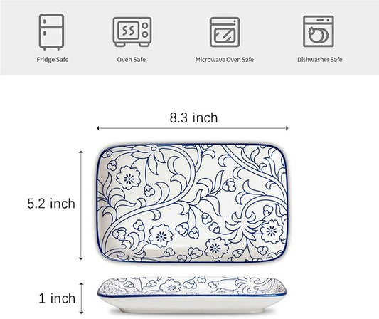 Selamica Ceramic Rectangular Salad Plates Set of 4, 8 Inch Small Serving Plates for Appetizers, Sushi, Fruit, Vintage Blue
