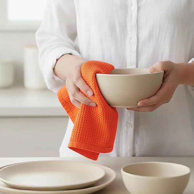 PurpleEssences Waffle Weave Kitchen Towel, 100% Cotton, 15x25 Inches, with Hanging Loop Ultra Soft Absorbent Quick Drying Dish Cloth, Tea and Hand Towels, 4 Pack - Christmas Holiday Winter - Orange