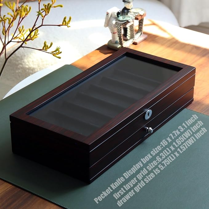 Bonaking Knife Display Case Two-Tier Pocket Knife Case Box Storage for 15-17 Pocket Knives Pocket Knife Collection Case Organizer for Men Gift (Ebony veneer 17 slot)