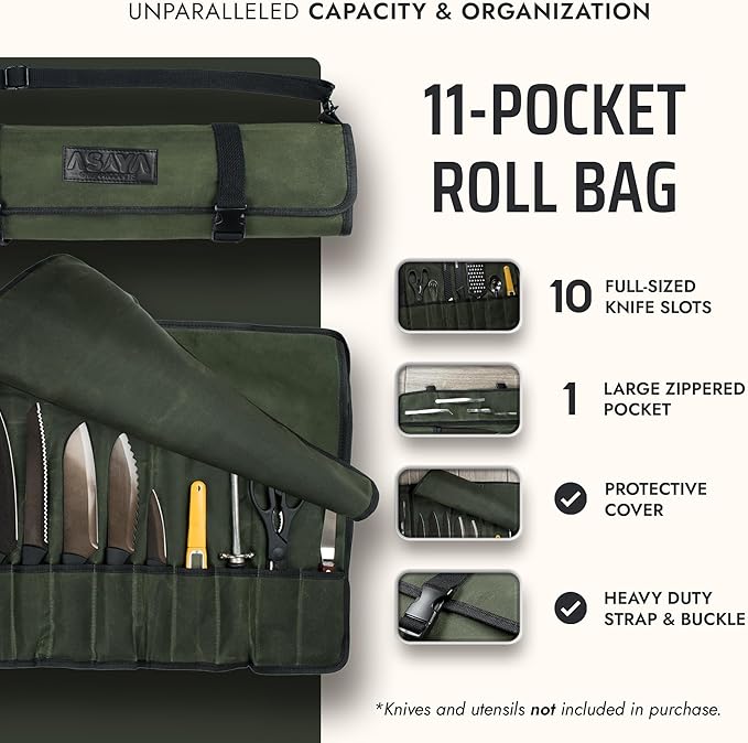 Asaya Canvas Chef Knife Roll Bag - 10 Knife Slots and a Large Zipper Pocket - Durable 10oz Canvas Knife Case with an Adjustable Shoulder Strap - Knives not Included (Forest Green)