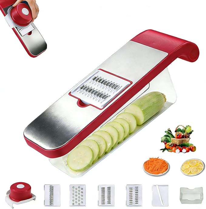5-in-1 Mandoline Manual Food Chopper - Multifunctional Vegetable Cutter with Container, Stainless Steel Blades for Potato Slicer, Fruit Cutter, Hand Cheese Grater | Essential Kitchen Gadgets