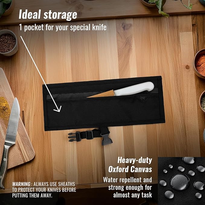 Under NY Sky Knife Roll Case - 1 Slot - Heavy Duty Oxford Canvas Pouch - Leather Reinforced - Portable Bag for Cooking Tools, Utensils, Cutlery Knives, Brushes - Chefs, Kitchen, Travel, Gift - Black