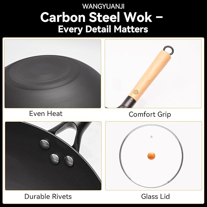 WANGYUANJI Lightweight Carbon Steel Wok with Lid, 12.6" Nitrided Stir Fry Pan - Pre-Seasoned & Rust-Resistant Iron Wok, Flat Bottom for Electric, Induction & Gas Stoves, Easy to Maneuver